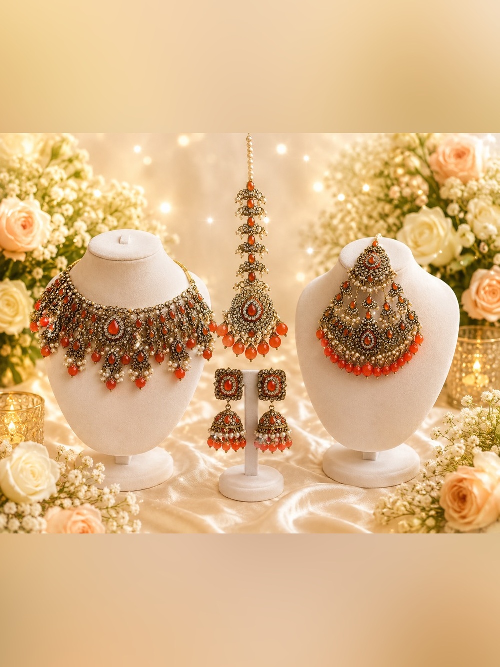 Traditional Gold-Tone Necklace Set with Orange Stone Accents